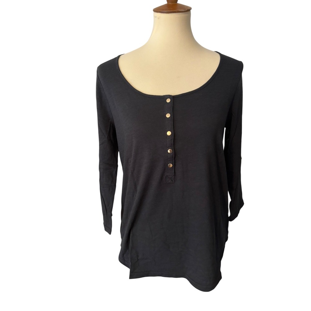 Skinny Girl SZ Small Black 3/4 sleeve‎ buttoned Henley shirt. Basic. Layering - Picture 4 of 10